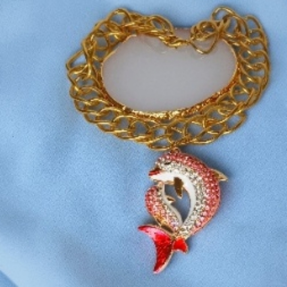 Chunky Gold Pink Dolphin Pendant Necklace Iced Out Bling Oceancore Nautical 00s